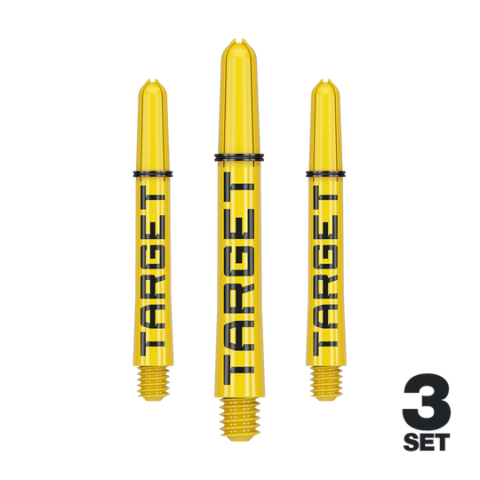 Target Pro Grip TAG Shafts - 3 Sets - Yellow Das Bild zeigt drei gelbe Dart-Schäfte mit der Aufschrift "TARGET". Unten rechts steht "3 SET", was auf ein Set mit drei Stück hinweist.
