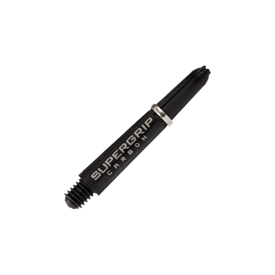 HR354_Harrows_Supergrip_Carbon_Shafts_Silber_33mm_2 Das Bild zeigt einen Harrows Supergrip Carbon Shaft in Silber. Der Schaft ist schwarz mit silberner Schrift und einem silbernen Ring.