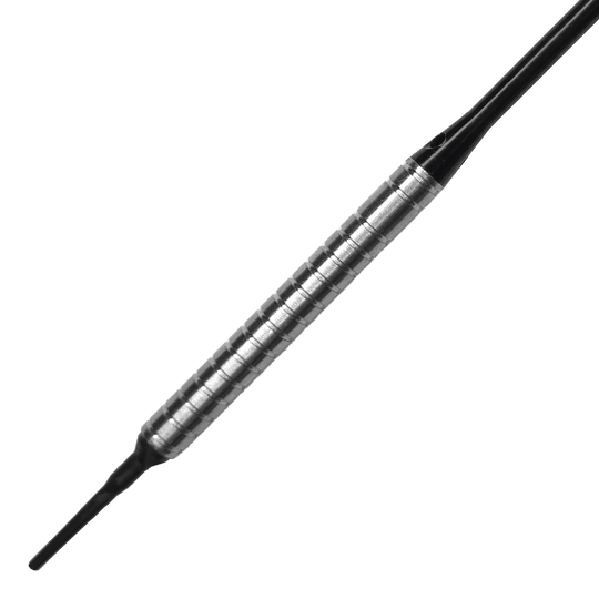 McDart 85 Tungsten V24 Softdarts - 18.5g Das Bild zeigt einen McDart 85er Tungsten V24 Softdart mit einem Gewicht von 18,5 g. Der Dartpfeil hat eine silberne, geriffelte Barre und schwarze Kunststoffspitzen.