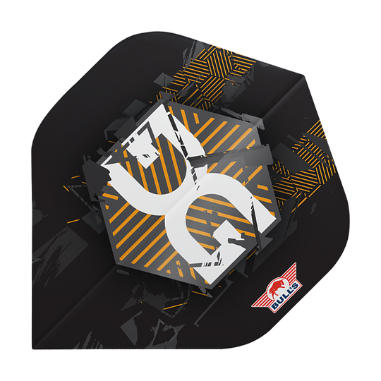 BU50920_BullsNL_Player_100_Martijn_Kleermaker_90_No2_Standard_Flights_1 Das Bild zeigt ein Dart-Flight mit einem modernen, schwarzen Design und gelben sowie weißen Akzenten. In der Ecke ist das rote Bulls-Logo zu sehen.