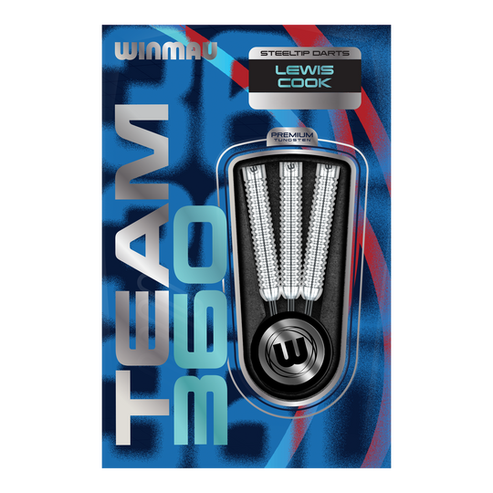 Das Bild zeigt Winmau Team 360 Lewis Cook Steeldarts mit einem Gewicht von 23g. Die Steeldarts sind detailliert von der Seite abgebildet.