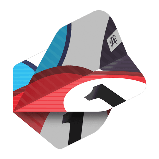 Das Bild zeigt die Target Pro Ultra Chicane Blue No2 Standard Flights, die in bunten Farben gestaltet sind. Es handelt sich um 3 Sets von Dart-Flights mit auffälligem Design.