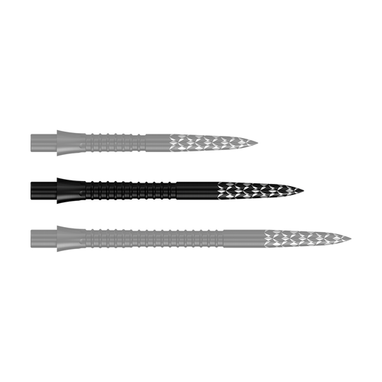 Mission Caliburn EVO dart tips GV logo - Black Das Bild zeigt schwarze Steeldartspitzen mit einer Länge von 32 mm. Es handelt sich um die Mission Caliburn EVO GV-Logo Steeldartspitzen.