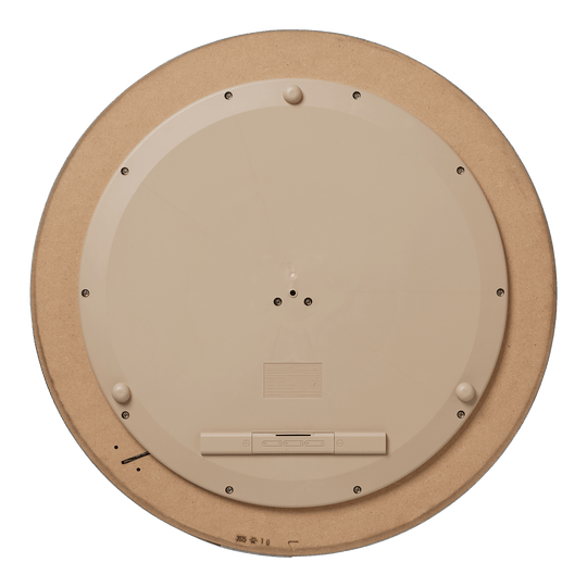 Dies ist die Rückseite des Unicorn Eclipse Smartboard Steeldartboards. Sie zeigt eine kreisförmige, beige Kunststoffabdeckung mit mehreren Schrauben und einem Batteriefach.