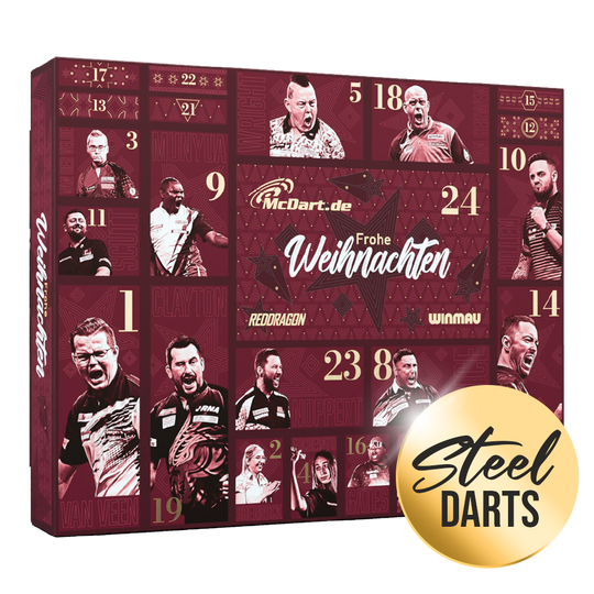 McDart Premium Advent Calendar 2026 for steel dart players Auf dem Bild ist der McDart Premium Adventskalender 2026 für Steeldart-Spieler zu sehen. Dieser Adventskalender bietet hochwertige Inhalte speziell für Steeldart-Enthusiasten.