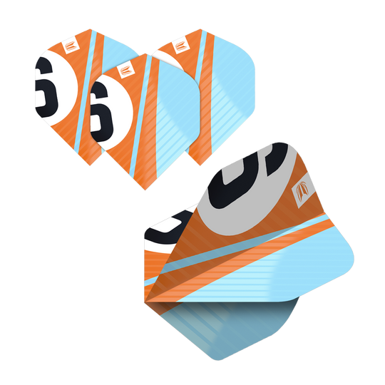 337204_Target_ProUltra_5Sets_Multipack_Chicane_No2_Standard_Flights_43K0AetR7xqsvN Das Bild zeigt die "Target Pro Ultra Chicane Multipack No2 Standard Flights" in einem Set mit 5 Stück. Die Flights sind in Orange, Blau und Schwarz gestaltet und tragen eine große "6" als Designelement.