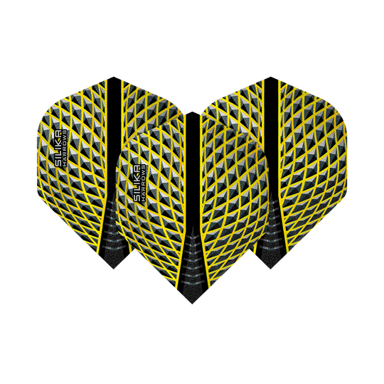 HR88_Harrows_Silika_Yellow_No2_Standard_Flights_1Dyfveyt7nLsr3 Das Bild zeigt die Harrows Silika Yellow No2 Standard Flights. Die Flights haben ein auffälliges gelb-schwarzes Muster mit einem modernen Design.