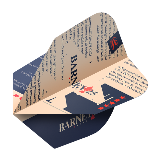 Target ProUltra Raymond Van Barneveld Barney25 No6 Flights Das Bild zeigt einen Target ProUltra Raymond Van Barneveld Barney25 No6 Dartflight. Das Design ist in Blau und Beige gehalten und enthält Text sowie Sterne und den Namen "Barney25".