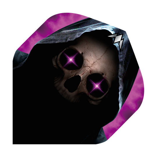 Mission Solo Phantom No2 Standard Flights Das Bild zeigt ein Dartflight mit einem Totenkopf in einer dunklen Kapuze. Die Augen des Schädels leuchten in einem auffälligen Lila mit Sternenform.