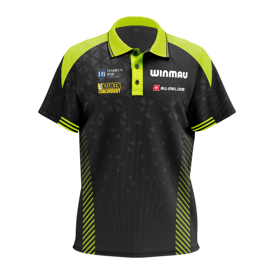 Winmau Michael Van Gerwen Stage polo shirt Das Bild zeigt das Winmau Michael Van Gerwen Stage Poloshirt. Das Shirt ist im Stil des bekannten Dartspielers gehalten.