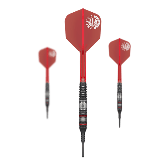 Das Bild zeigt drei Softdarts aus der Serie "Target Japan Prime Series Diamond GEN3" mit einem Gewicht von 18g. Die Darts haben rote Flights und schwarze Spitzen.