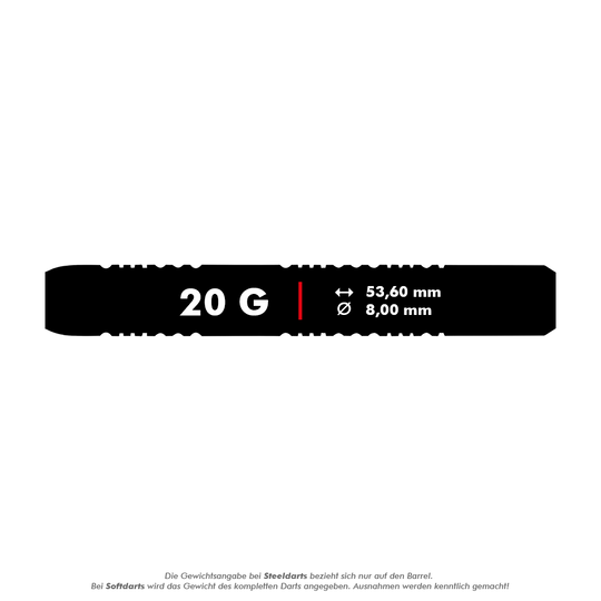 2237_Winmau_Michael_Van_Gerwen_MvG_Ambition_Softdarts_5_20g Das Bild zeigt Angaben zu den Winmau Michael Van Gerwen MvG Ambition Softdarts mit einem Gewicht von 20 g. Die Länge beträgt 53,60 mm und der Durchmesser 8,00 mm.