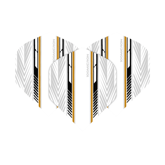 Pentathlon Flights white/black/gold Das Bild zeigt die Pentathlon White Black Gold No2 Standard Flights für Dartpfeile. Die Flights sind überwiegend weiß mit schwarzen und goldenen Zierstreifen sowie geometrischen Mustern.