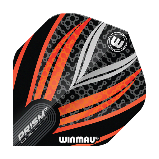 Winmau Prism Delta Black White Orange No. 2 Standard Flights Das Bild zeigt ein Dart-Flight der Marke Winmau mit dem Namen "Prism Delta Schwarz Weiß Orange No2 Standard Flights". Das Design besteht aus schwarzen, weißen und orangefarbenen Streifen mit einem modernen Muster.