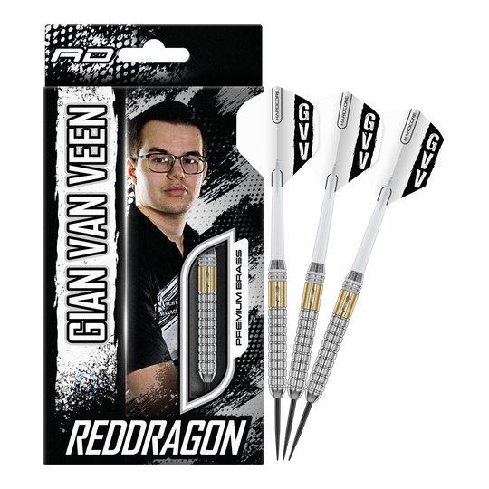 Red Dragon Gian Van Veen Brass Steeldarts - 21 g Zu sehen sind die kompletten Red Dragon Gian Van Veen Brass Steeldarts mit 21 g. Dieses Produkt eignet sich für Steeldartspiele auf Wettkampfniveau.