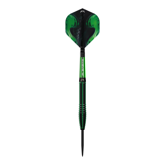 Mission Venom steel darts Ein einzelner Mission Venom Steeldart wird präsentiert. Die Konturen und das Design sind gut erkennbar.