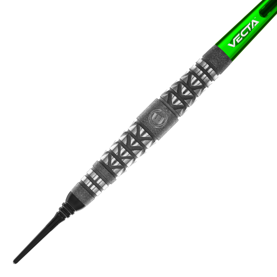 Winmau Simon Whitlock Atomized Grip Soft Darts Das Bild zeigt einen Winmau Simon Whitlock Atomised Grip Softdart. Der Dart hat ein auffälliges Griffmuster und einen grünen Schaft mit der Aufschrift "VECTA".
