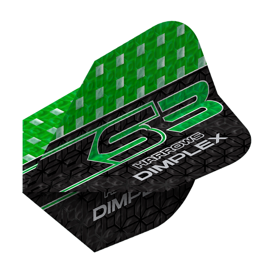 Harrows Dimplex S3 Flights - Green Das Bild zeigt einen grünen und schwarzen Dartflight mit der Aufschrift "Harrows Dimplex S3". Das obere Drittel ist grün mit silbernen Quadraten, der Rest ist schwarz mit einem Muster und weißen Schriftzügen.