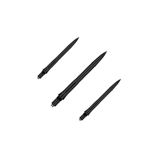 Das Bild zeigt ein Set EVO201 Caliburn EZ-EVO Dartspitzen mit Rillen in Schwarz, jeweils 28 mm lang. Das Set ist ideal für Dartliebhaber und Vielspieler.