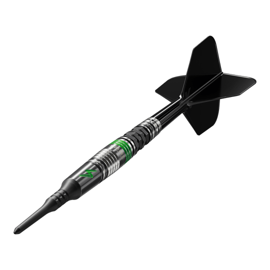 Target Japan Black Marque Lightning 3 Soft Darts - 19g Das Bild zeigt einen Softdart der Marke Target Japan Black Marque Lightning 3 mit einem Gewicht von 19 Gramm. Der Dartpfeil ist schwarz und silber mit grünen Akzenten und hat schwarze Flights.