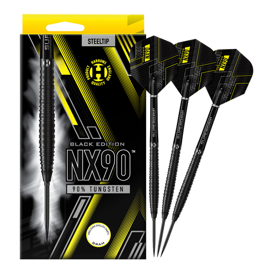 Harrows NX90 Black Edition Tapered Quick Point Steel Darts Abgebildet sind die Harrows NX90 Black Edition Tapered Quick Point Steeldarts. Die schwarzen Steeldarts haben eine schlanke, konische Form.