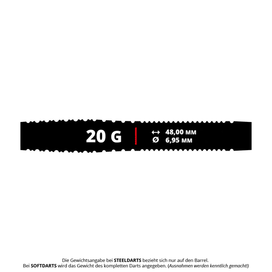 Mission Venom Softdarts - 20g Das Bild zeigt die Produktdetails der Mission Venom Softdarts mit einem Gewicht von 20 Gramm. Die Länge beträgt 48,00 mm und der Durchmesser 6,95 mm.