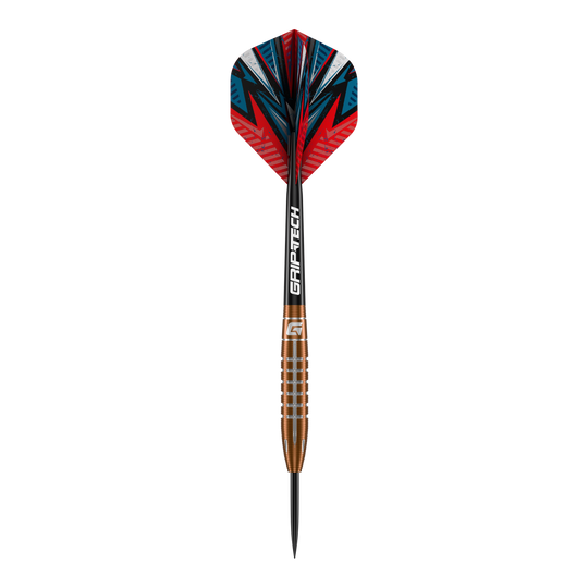 GOAT Quarterback V2 Tungsten Steel Darts - 24g Dies ist ein GOAT Quarterback V2 Tungsten Steeldart mit 24g Gewicht. Er hat eine farbenfrohe Flight-Grafik und einen geriffelten, bronzefarbenen Barrel.