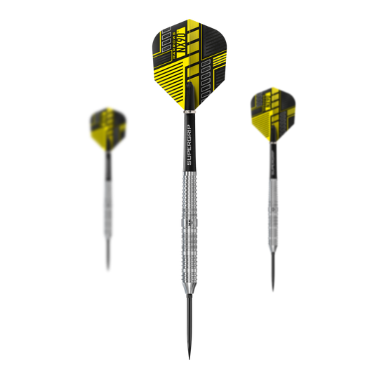 Gezeigt wird ein Set der Harrows NX90 Parallel Quick Point Steeldarts. Das Set eignet sich ideal für Turnier- und Freizeitspieler.