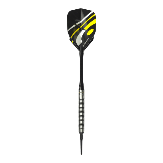 McDart 85 Tungsten V17 Softdarts - 16.5g Das Bild zeigt den McDart 85er Tungsten V17 Softdart mit einem Gewicht von 16,5g. Der Dart hat ein modernes Design mit schwarzen und gelben Akzenten auf den Flights.