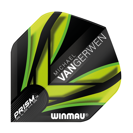 6915-145_Winmau_Prism_Alpha_MvG_Black_Green_V2_Standard_Flights_1x7JcQ6h7kBRAx Dies ist ein Winmau Prism Alpha MvG Black Green V2 Standard Flight. Das Design ist überwiegend schwarz mit auffälligen grünen und gelben Akzenten sowie dem Namen "Michael van Gerwen".