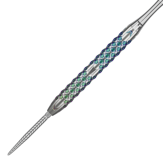 Target Rove 01 Swiss Point steel darts Dies ist ein Steeldart namens "Target Rove 01 Swiss Point". Er hat ein auffälliges, farbiges und strukturiertes Griffdesign.