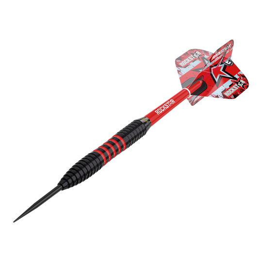 Winmau Joe Cullen Brass Steeldarts - 20g Das Bild zeigt einen Winmau Joe Cullen Brass Steeldart mit einem Gewicht von 20g. Der Dart ist schwarz und rot, mit einer auffälligen roten Flights und dem Schriftzug "ROCKSTAR".
