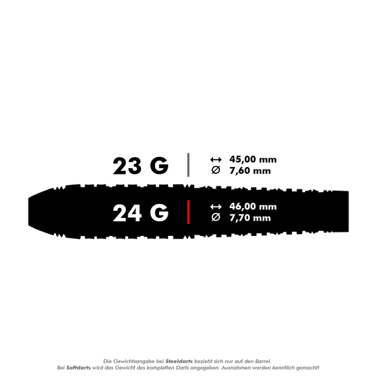 Shot Redline Mach 1 steel darts Das Bild zeigt die Spezifikationen von Steeldarts mit 23 g und 24 g Gewicht. Die Maße für 23 g sind 45,00 mm Länge und 7,60 mm Durchmesser, für 24 g sind es 46,00 mm Länge und 7,70 mm Durchmesser.