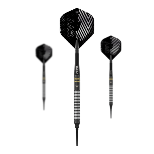 Winmau Gian Van Veen TS soft darts - 18g Das Foto zeigt ein Set der Winmau Gian Van Veen TS Softdarts 18g. Alle Darts liegen nebeneinander auf einer ebenen Fläche.