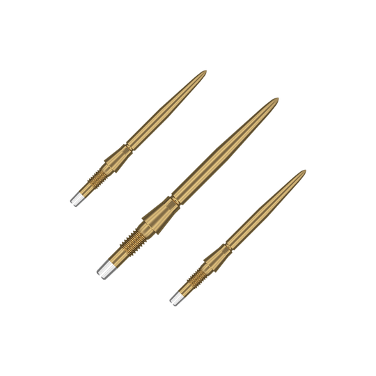 Target Swiss Storm Point Dart Tips - Gold Das Bild zeigt drei goldene Dartspitzen, die nebeneinander angeordnet sind. Sie haben ein schlankes, spitzes Design mit einem silbernen Schraubgewinde am Ende.