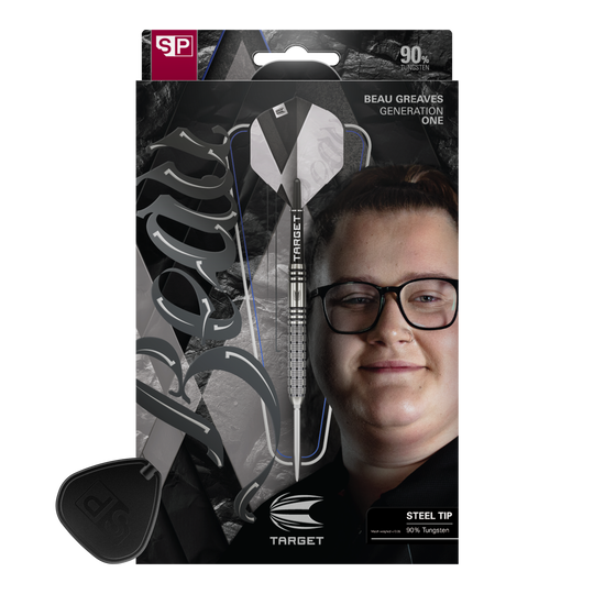 Target Beau Greaves GEN1 Swiss Point Steel Darts Gezeigt wird das Set Target Beau Greaves GEN1 Swiss Point Steeldarts. Diese Darts sind ideal für Dartspieler und Fans von Beau Greaves.