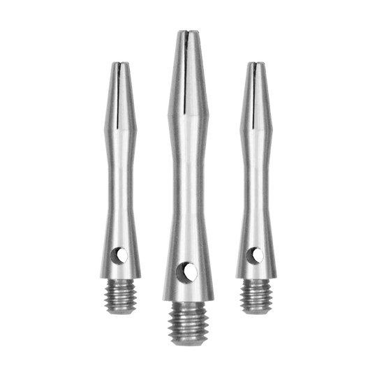 516_Aluminium_Shafts_Silber_30mm_13kjUSXxfoeq0I Das Bild zeigt drei silberne Aluminium-Schäfte in verschiedenen Längen. Sie haben ein glattes, metallisches Finish und ein Schraubgewinde am unteren Ende.