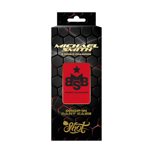 Shot Michael Smith World Champion Drop-In Dartcase - Rot Die Abbildung zeigt das Produkt "Shot Michael Smith World Champion Drop-In Dartcase" in der Farbe Rot. Die Verpackung ist schwarz mit Wabenmuster und hebt das rote Dartcase mit dem Aufdruck "World Champion" hervor.