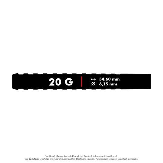 RD2517_Red_Dragon_Javelin_Spectron_Softdarts_5_20g Das Bild zeigt die Maße und das Gewicht des Produkts "Red Dragon Javelin Spectron Softdarts - 20g". Der Dart wiegt 20 Gramm, ist 54,60 mm lang und hat einen Durchmesser von 6,15 mm.