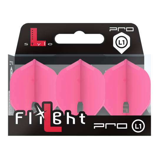 L-Style Champagne L1PRO Flights Auf dem Bild ist eine Packung mit drei pinken Dart-Flights der Marke L-Style zu sehen. Die Verpackung zeigt den Schriftzug "Flight Pro L1" auf der Vorderseite.
