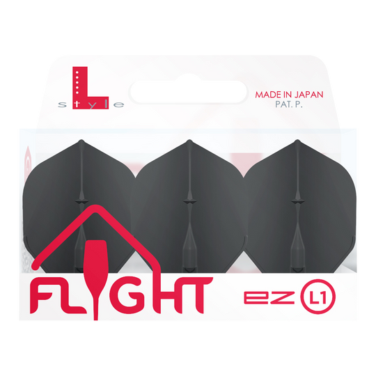 Die Abbildung zeigt eine Packung mit L-Style Champagne L1EZ Standard Flights. In der Verpackung befinden sich drei schwarze Dartflights.