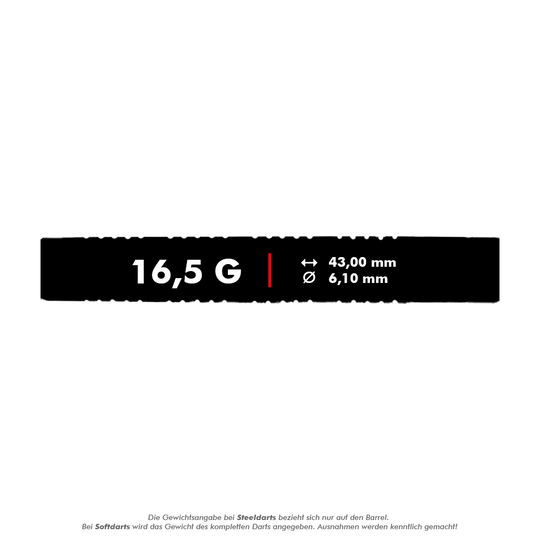 Das Bild zeigt die technischen Daten des Produkts "McDart 85er Tungsten V17 Softdarts - 16,5g". Der Dart wiegt 16,5 Gramm, ist 43,00 mm lang und hat einen Durchmesser von 6,10 mm.