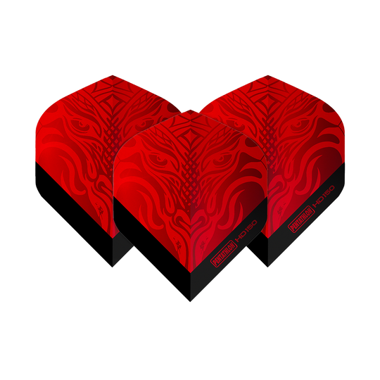 Das Bild zeigt drei rote Dart-Flights mit einem auffälligen, metallischen Muster. Auf den Flights steht "Pentathlon HD150" in schwarzer Schrift.