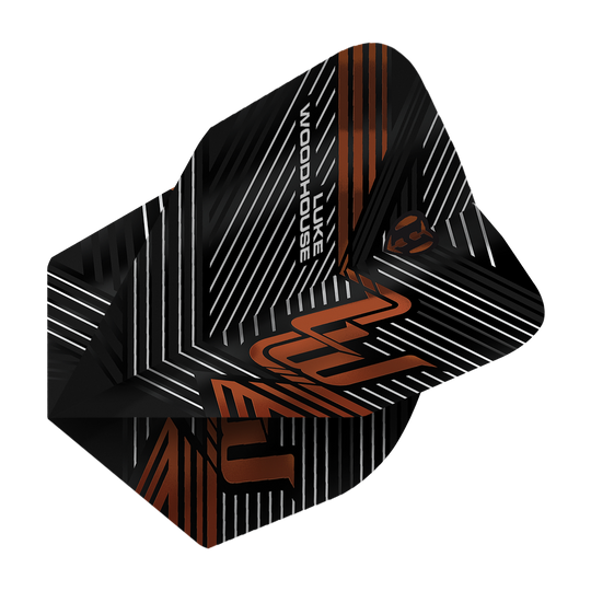 Harrow's Luke Woodhouse Series 2 Flights Das Bild zeigt die Harrows Luke Woodhouse Series 2 Flights. Die Flights sind schwarz mit weißen und orangefarbenen Linien sowie dem Namen "Luke Woodhouse" darauf.