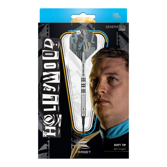 Target Chris Dobey GEN1 Softdarts - 19g Die Abbildung zeigt die Verpackung der "Target Chris Dobey GEN1 Softdarts - 19g". Auf der Verpackung sind ein Softdart, das Gesicht eines Mannes und der Schriftzug "HOLLYWOOD" zu sehen.
