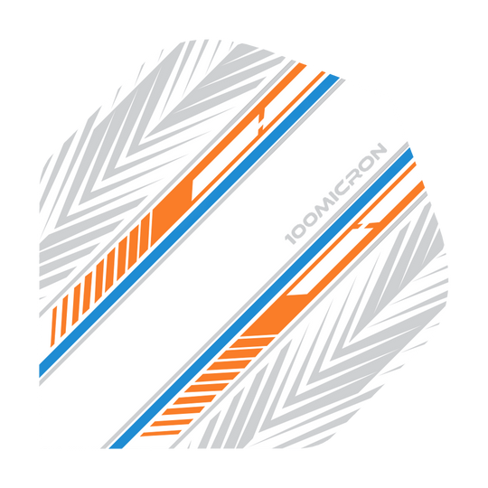 Pentathlon Flights white/orange/blue Das Bild zeigt ein Dartflight mit einem weißen Hintergrund und auffälligen orange-blauen Streifen. Zusätzlich sind graue geometrische Muster und der Schriftzug "100MICRON" zu sehen.