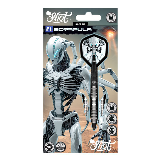 Das Bild zeigt die Shot AI Scorpula Softdarts mit einem Gewicht von 20g. Die Darts sind detailliert und für das Softdart-Spiel konzipiert.