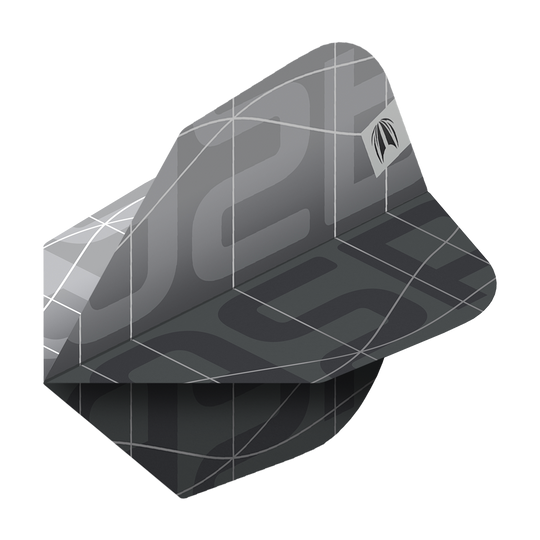 Das Bild zeigt ein Set von Target Pro Ultra Aspinall X Echo No6 Flights für Darts. Die Flights sind in einem modernen, dunklen Design mit grafischen Linien und einem dezenten Logo gestaltet.