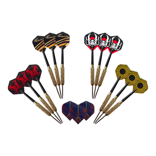 McDart Golden Star Steeldarts - 12 Darts mit 18 Gramm sind auf diesem Bild zu sehen. Das Bild zeigt eine Auswahl von zwölf goldfarbenen Steeldarts.
