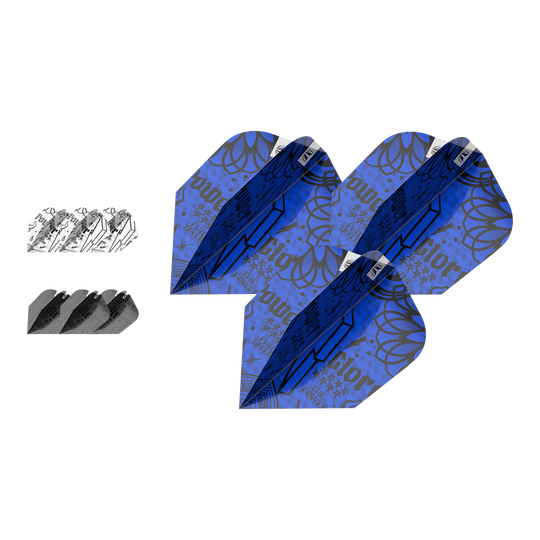 Das Bild zeigt drei Sets von Target Ink Bundle Power Ten-X Flights in verschiedenen Farben und Designs. Die größten Flights sind blau mit auffälligen Mustern, während die anderen schwarz und weiß sind.